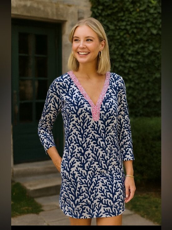 Lilly Pulitzer Dresses & Skirts - Lilly Pulitzer Cover Up M Beaded Coral Print Cotton Beach Resort Summer